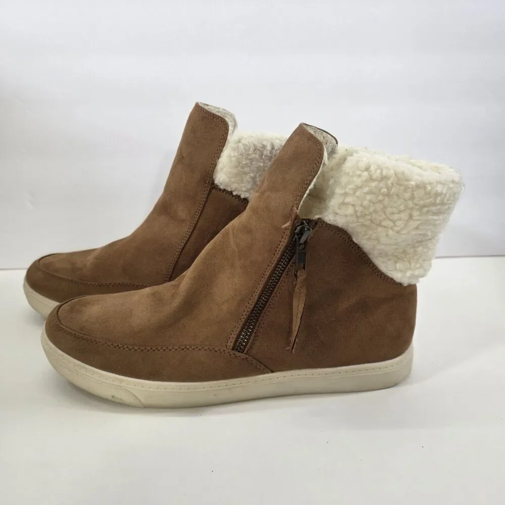 Universal Thread Faux Shearling Sneaker Boots Womens 10 Brown Cozy Winter Zip...